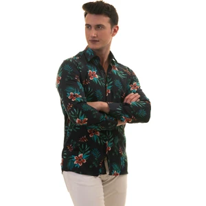 Exve Exclusive Lacivert Üzeri Bordo Çiçek Yeşil Yaprak Baskılı Tasarım Slim Fit Gömlek