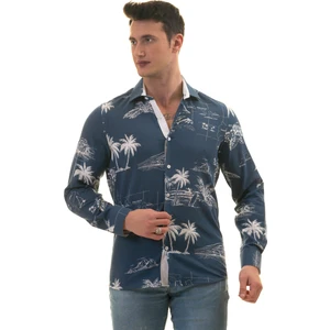 Exve Exclusive Indigo Mavi Hawaii Desen Baskılı Nefes Alan Slim Fit Gömlek