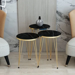 Mhrgroup Cma Siyah Mermer Desenli Gold Metal Ayaklı Zigon Sehpa 3'lü