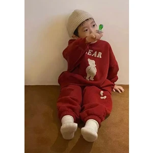 Amor Man Özel Tasarım Bear Baskılı Yuvarlak Yaka 3 Iplik Şardonlu % 100 Pamuk Kışlık Erkek Çocuk Eşofman Takımı