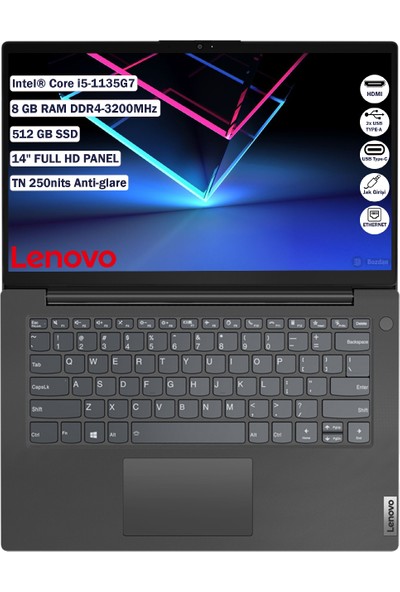 Lenovo V14 G2 Itl Intel Core I5-1135G7 8GB 512 GB SSD Freedos 14" FHD Taşınabilir Bilgisayar 82KA006XTX