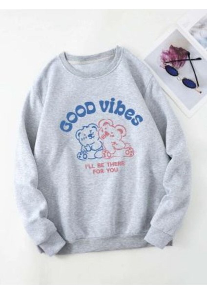 Kadın Gri Good Vibes Bisiklet Yaka Sweatshirt