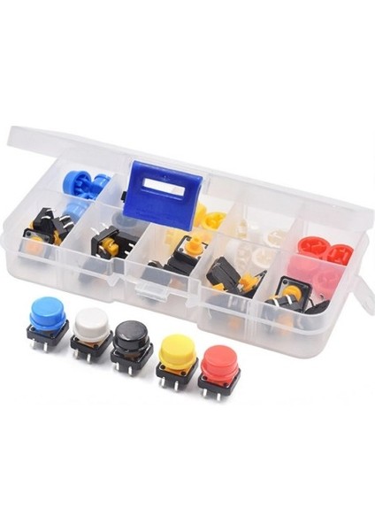 Roba 12X12MM Tact Buton Kapak Kutulu Set 25 Adet 5 Renk Anahtar Push Soket Breadboard Pcb Devre