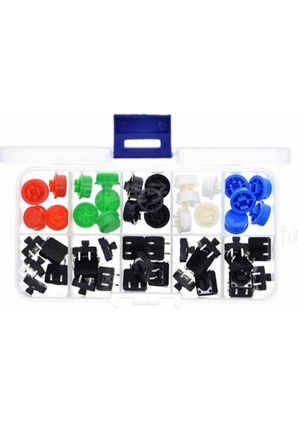 Roba 12X12MM Tact Buton Kapak Kutulu Set 25 Adet 5 Renk Anahtar Push Soket Breadboard Pcb Devre