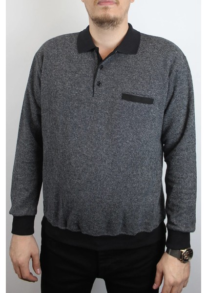 Giyim Erkek Polo Yaka Cepli Regular Kalıp Selanik Örgü Gri Sweatshirt SLN100