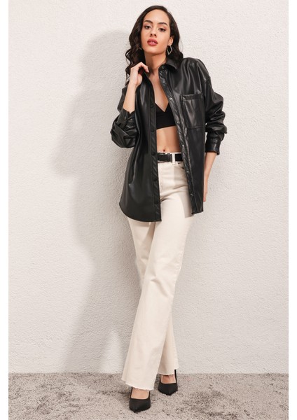 20134 Oversize Suni Deri Gömlek - Siyah fiyatları