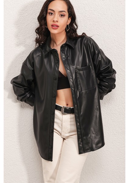 20134 Oversize Suni Deri Gömlek - Siyah