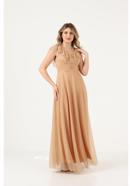 Simli Tül Volanlı Yaka Büzgülü Korsajlı Uzun Kloş Abiye Elbise