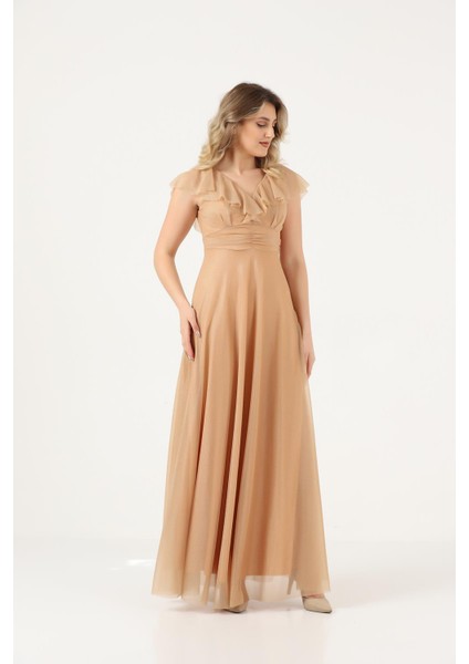 Simli Tül Volanlı Yaka Büzgülü Korsajlı Uzun Kloş Abiye Elbise fiyatları