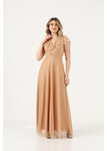 Simli Tül Volanlı Yaka Büzgülü Korsajlı Uzun Kloş Abiye Elbise modelleri