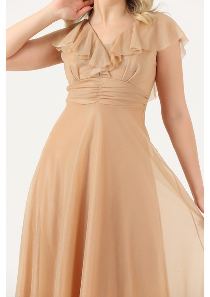 Simli Tül Volanlı Yaka Büzgülü Korsajlı Uzun Kloş Abiye Elbise fırsatları