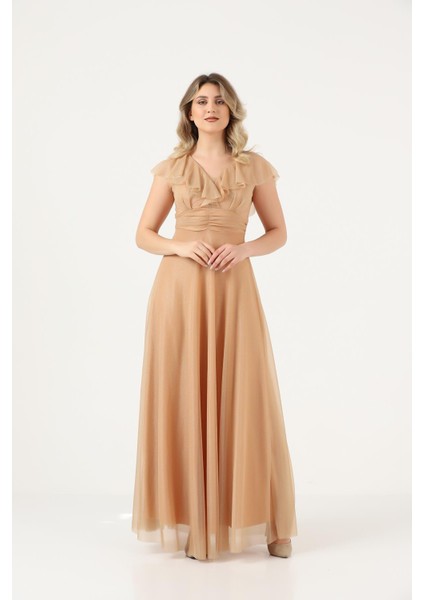 Simli Tül Volanlı Yaka Büzgülü Korsajlı Uzun Kloş Abiye Elbise indirimleri