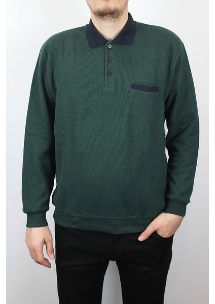 Giyim Erkek Polo Yaka Cepli Regular Kalıp Selanik Örgü Koyu Yeşil Sweatshirt SLN100