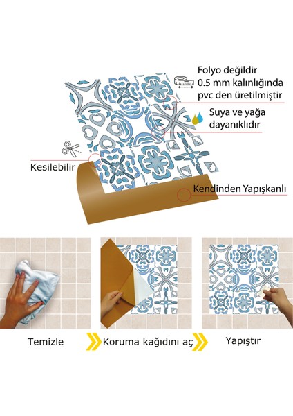 Kendinden Yapışkanlı Mavi Kabuki Desenli Pvc Karo 30X30 cm (56 Adet) 5m2