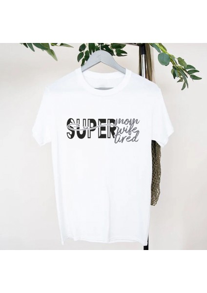 Anne Için Mom Wife Tired Yazılı Pamuklu Bisiklet Yaka Tişört fiyatları