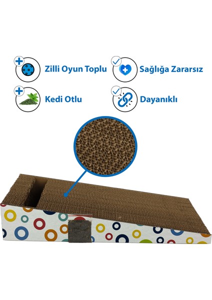 Doğal Kedi Otlu ve Zilli Toplu Kedi Tırmalama Kartonu 43 Cm HR2024c