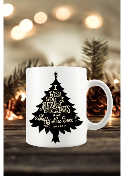 Yılbaşı Yeni Yıl Konseptli Merry Christmas Ağaç Baskılı Kupa Bardak