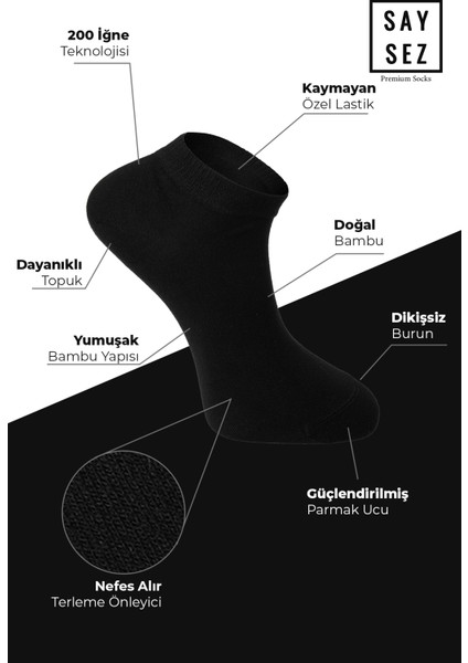 Bambu Erkek Patik Düz Siyah Çorap Dikişsiz Premium Kutulu 6'lı