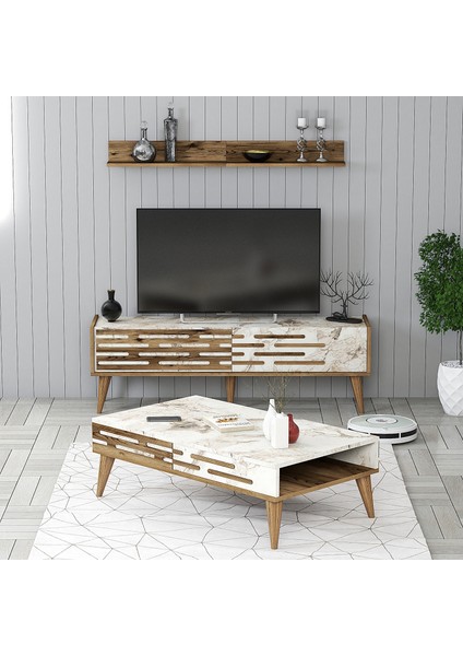 Valensiya 140CM Tv Ünitesi ve Orta Sehpa Takımı - Ceviz / Beyaz Mermer
