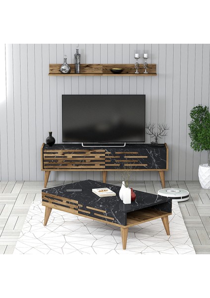 Valensiya 140CM Tv Ünitesi ve Orta Sehpa Takımı - Ceviz / Siyah Mermer