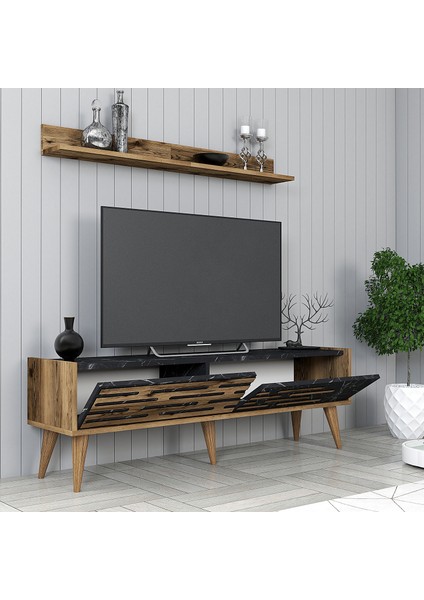 Valensiya 140CM Tv Ünitesi ve Orta Sehpa Takımı - Ceviz / Siyah Mermer
