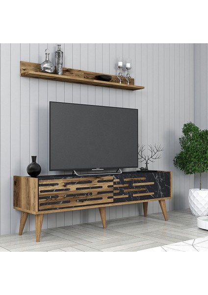 Valensiya 140CM Tv Ünitesi ve Orta Sehpa Takımı - Ceviz / Siyah Mermer