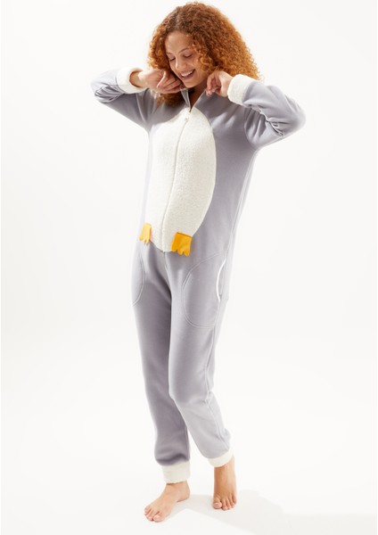 Kadın Gri Penguen Arka Fermuarlı Polar Tulum Pijama fiyatları