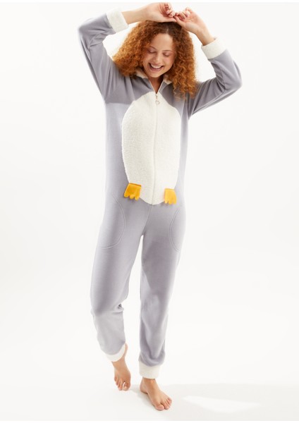 Kadın Gri Penguen Arka Fermuarlı Polar Tulum Pijama modelleri