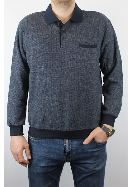 Giyim Erkek Polo Yaka Cepli Regular Kalıp Selanik Örgü Düz Renk Füme Sweatshirt SLN100