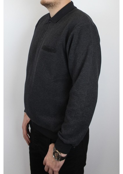 Giyim Erkek Polo Yaka Cepli Regular Kalıp Selanik Örgü Düz Renk Füme Sweatshirt SLN100 indirimleri