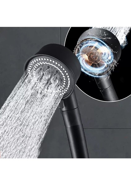Turbo Pervaneli 5 Fonksiyonlu Siyah Duş Başlığı Duş Hortumu 150 cm ve Mafsal Set