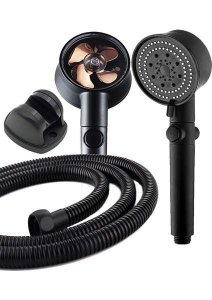 Turbo Pervaneli 5 Fonksiyonlu Duş Başlığı Duş Hortumu 150 cm ve Mafsal Set Siyah