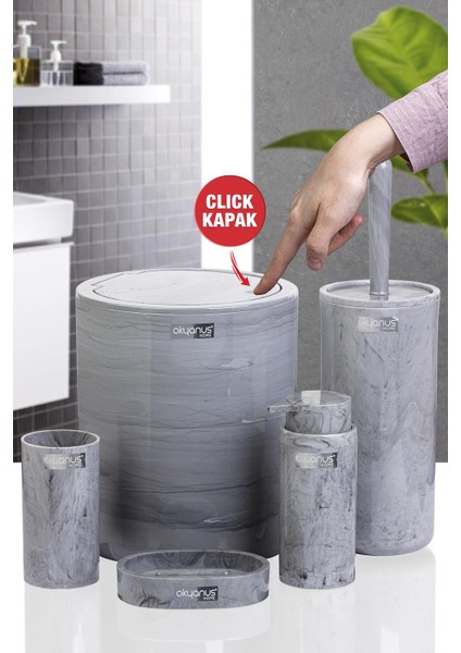 Yuvarlak Mermer Desenli 5'li Banyo Seti