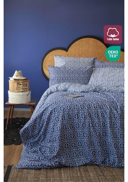 Classy Lacivert Geometrik Desenli %100 Pamuk Çift Kişilik Çift Taraflı Nevresim ve 2 Adet Yastık Kılıfı Seti 200x220