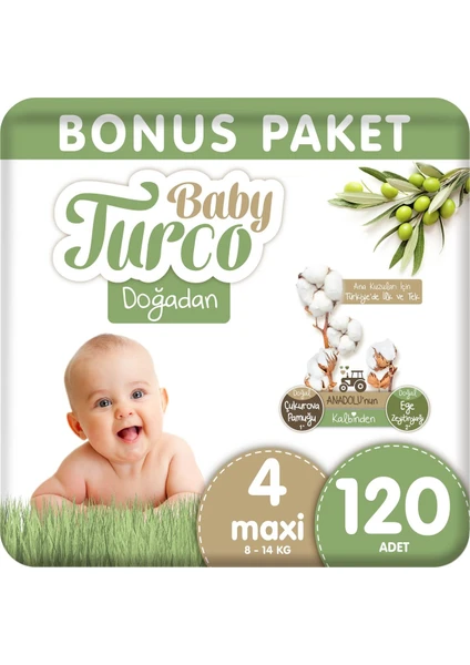 Baby Turco Doğadan Bonus Bebek Bezi 4 Numara Maxi 120 Adet