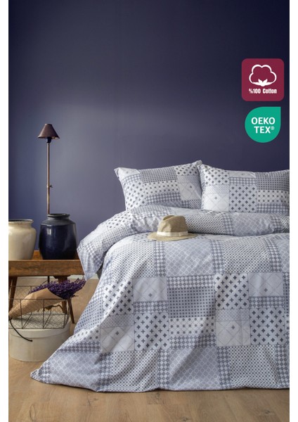 Patchwork Tasarım Açık Gri Mavi Pamuklu Tek Kişilik Nevresim ve 1 Adet Yastık Kılıfı Seti 160X220