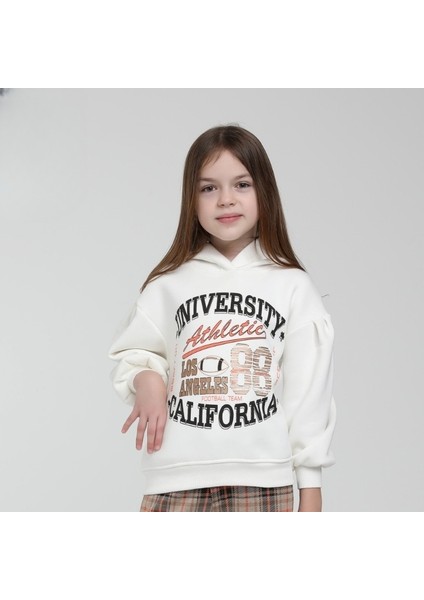 Kız Çocuk Kapüşonlu University Baskılı Kırık Beyaz Sweatshirt – Şardonlu Pamuklu