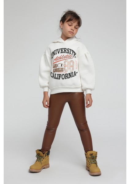Kız Çocuk Kapüşonlu University Baskılı Kırık Beyaz Sweatshirt – Şardonlu Pamuklu fiyatları