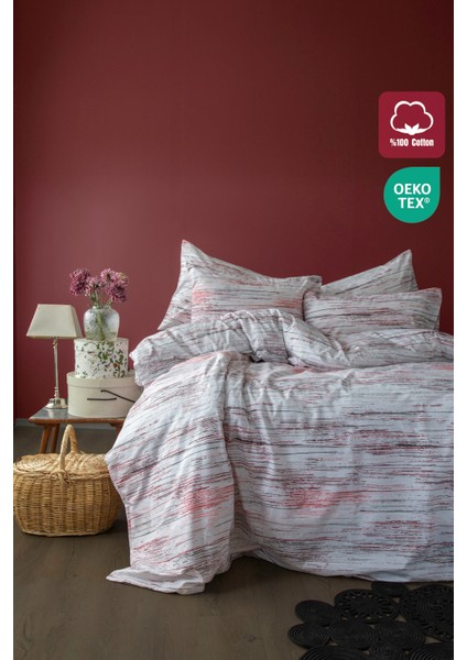 Stripes %100 Pamuk Çift kişilik Nevresim ve 2 Adet Yastık Kılıfı Seti Kırmızı Gri Çizgili