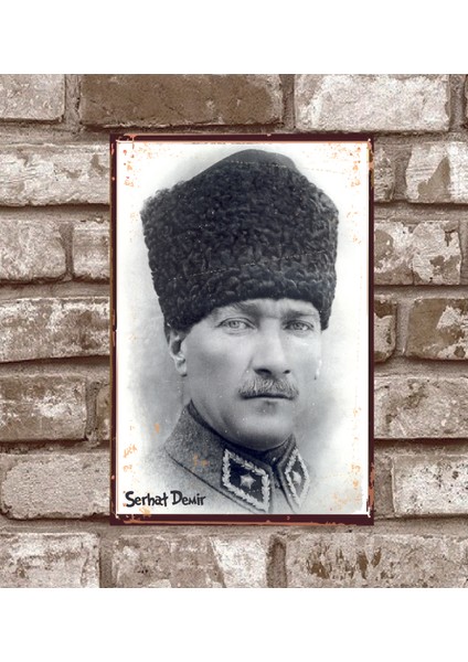 RETRO359 Kişiye Özel Kalpaklı Mustafa Kemal Atatürk Retro Vintage Metal Poster