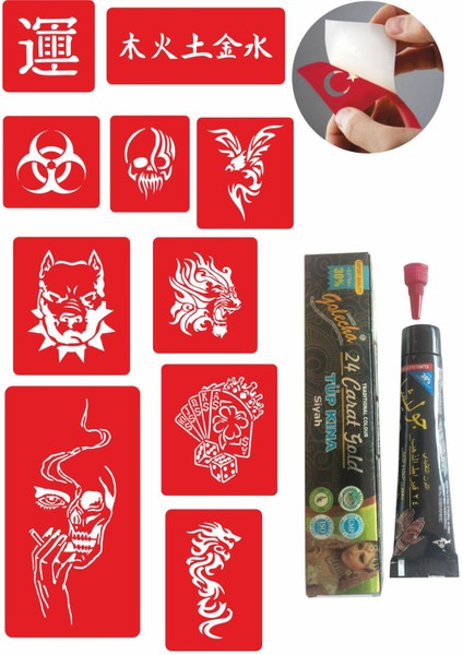 Favori Tasarımlar Kınayla Geçici Dövme Kampanya Seti 1 Tüp Siyah Kına 10 Desen