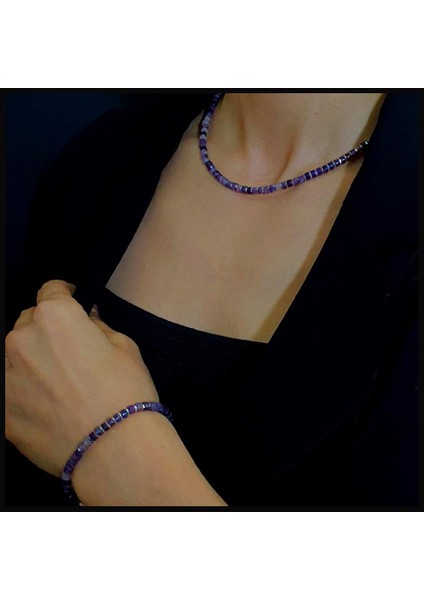 Ametist, Hematit Gümüş Set, Doğal Taş Set, Bileklik ve Kolye Set, Slim Set, Kadın Set fırsatları