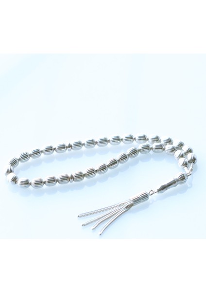 4 Püsküllü Çizgili Arpa Kesim 925 Ayar Gümüş Tesbih