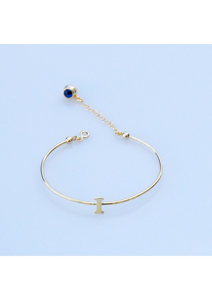 Gold Kaplama Nazar Boncuklu I Harfi Gümüş Bileklik