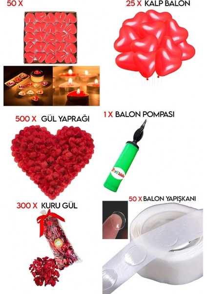 Hayaller Dükkanı 50 Kalp Mum, 25 Kalp Balon, 500 Gül Yaprağı, 300 Kuru Gül, 1 Balon Pompası Evlilik Teklifi Paket Set