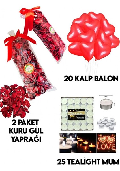 00 Kuru Gül Yaprağı,20 Kalp Balon,25 Beyaz Mum Romantik 14 Şubat Sevgililer Günü Doğum Günü