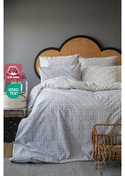 Classy Gri Zincir Desenli %100 Pamuk Battal Boy Çift Taraflı Nevresim ve 2 Adet Yastık Kılıfı Seti 240x220