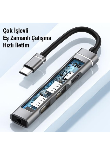Polham 4in1 Type C Çoğaltıcı Çevirici Hub, 2x Usb, 1x Type C ve 1x 3.5mm Girişli Adaptör
