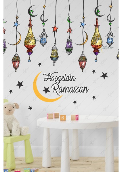 Hoşgeldin Ramazan Renkli Fener Sarkıt Cam Duvar Dekorasyon Sticker Seti fiyatları