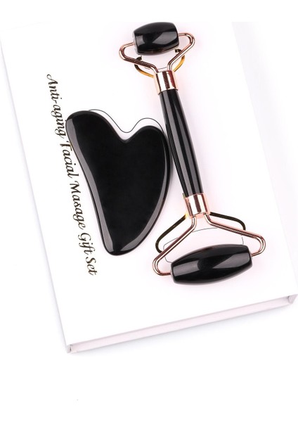 Obsidyen Doğal Taş 2'li Özel Kutulu Set Face Roller + Gua Sha Masaj Taşı